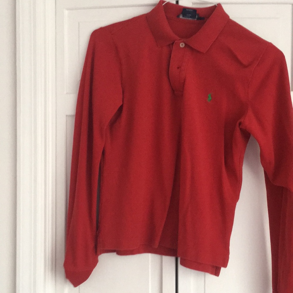 Red polo with green logo
